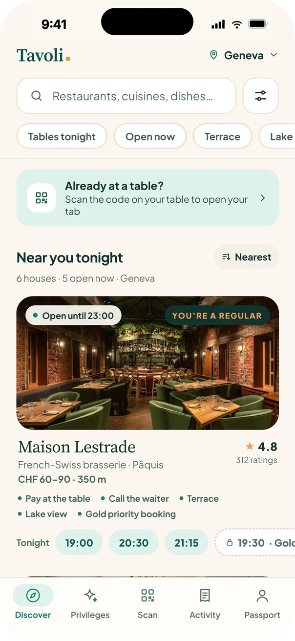 Tavoli app on a phone: Discover screen with Geneva restaurants where you pay at the table