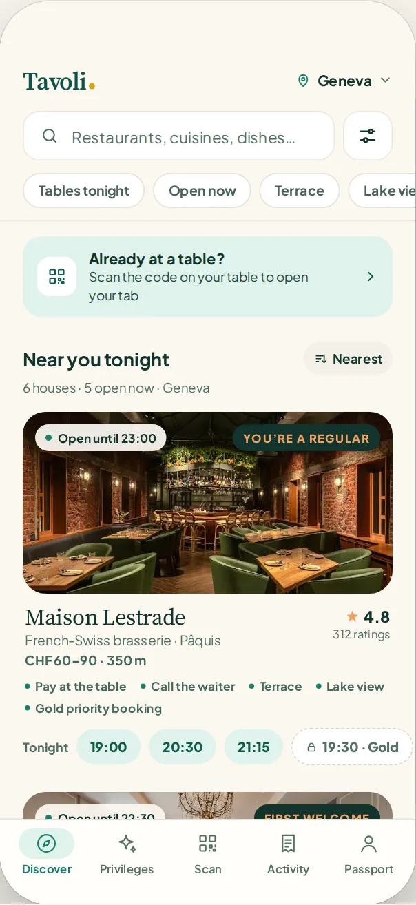 Tavoli app: browse Geneva restaurants, book a table or scan the code on your table