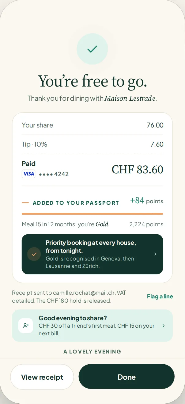 Tavoli app: bill paid from the phone, your share plus a 10% tip, VAT receipt by email